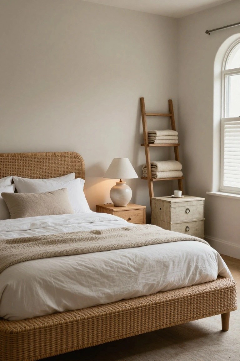 A bedroom corner with a rattan bed frame topped by white sheets and pillows, flanked by wooden nightstands, a ladder shelf holding folded towels, and an arched window with blinds.