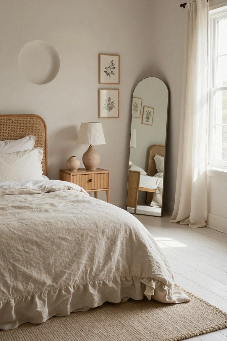 Bedroom with rattan headboard bed draped in white linen bedding with ruffled edges, wooden nightstand holding lamp and terracotta vases, tall arched gold mirror, botanical art prints, round plaster wall niche, sheer curtains at window, beige seagrass rug on light wood floors.