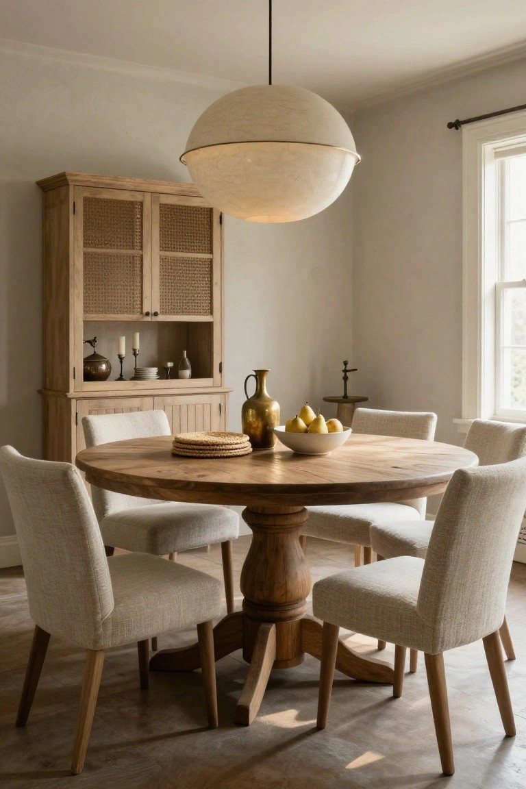 Beige dining room with round wooden pedestal table, four cream upholstered armchairs, wooden rattan-front cabinet, brass vases and pitchers on shelves, bowl of lemons on table, and large beige orb pendant light overhead.