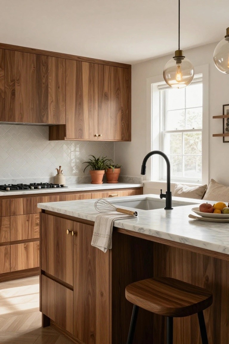Kitchen interior with walnut wood cabinets, white marble countertops and island, herringbone subway tile backsplash, black gooseneck faucet, gas cooktop, pendant lights, and wooden stool.