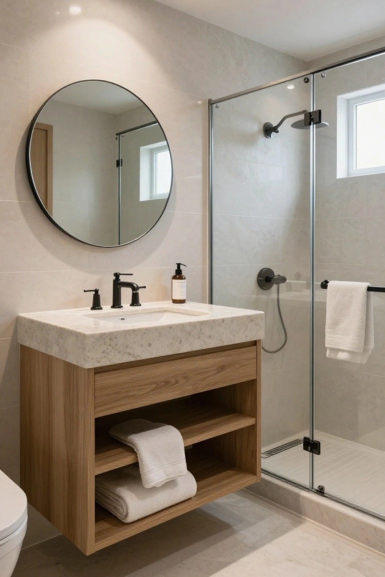 Modern bathroom with floating oak wood vanity featuring open shelving with folded white towels, round black-framed mirror, black faucet and shower fixtures, glass shower enclosure, and neutral gray tiles on walls and floor.