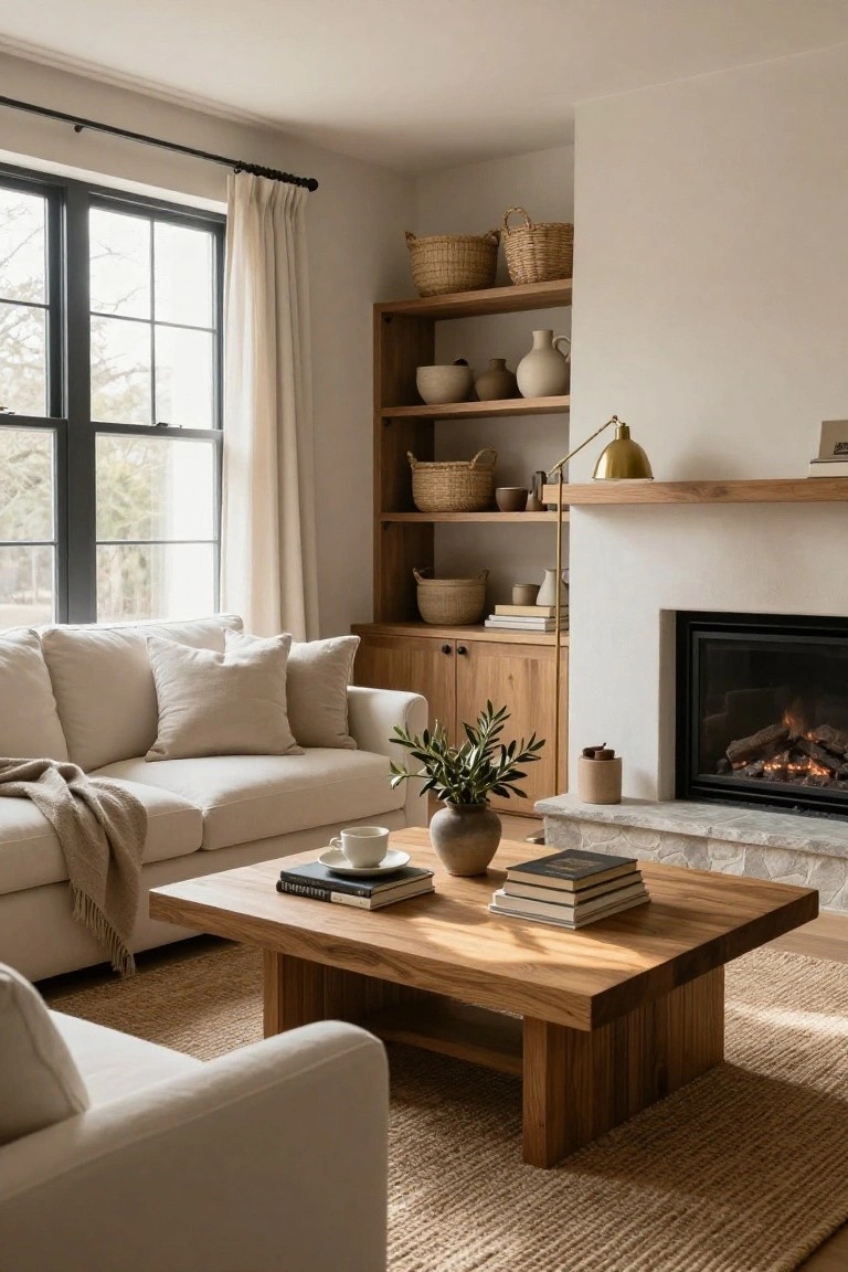 Cozy living room with white sofa, wooden coffee table stacked with books, stone fireplace, built-in wooden shelves with baskets and pottery, large window with white curtains, and neutral rug.