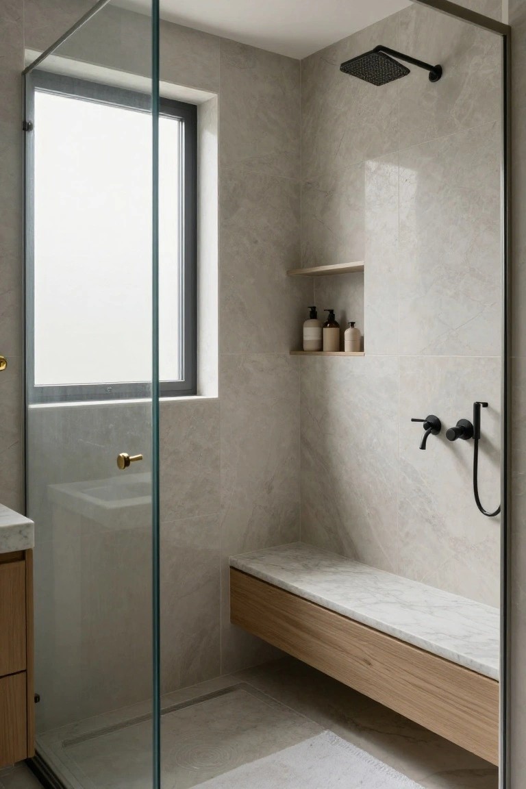 Walk-in shower with frameless glass enclosure, built-in wooden bench topped with white marble, wall niche holding bottles, black fixtures, and light gray veined tile walls.