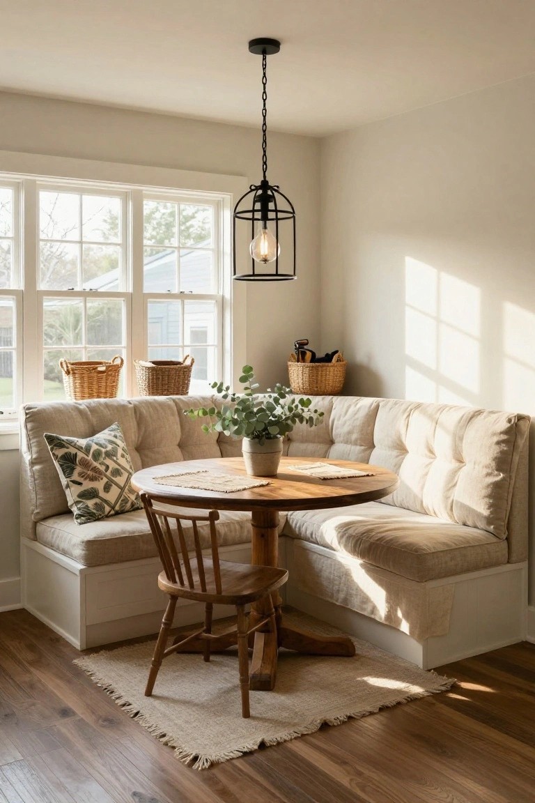 Light beige tufted booth seating in a corner around a round wooden pedestal table with one wooden chair, pendant light overhead, large windows with outdoor view, woven baskets on shelves, and eucalyptus in a pot.