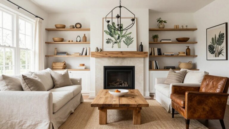 18 Balanced Transitional Farmhouse Interior Designs That Feel Just Right Living room with white built-in shelves flanking a limestone fireplace, beige linen sofa with throw blanket, large rectangular reclaimed wood coffee table on seagrass rug, leather armchair, and window with sheer curtains.