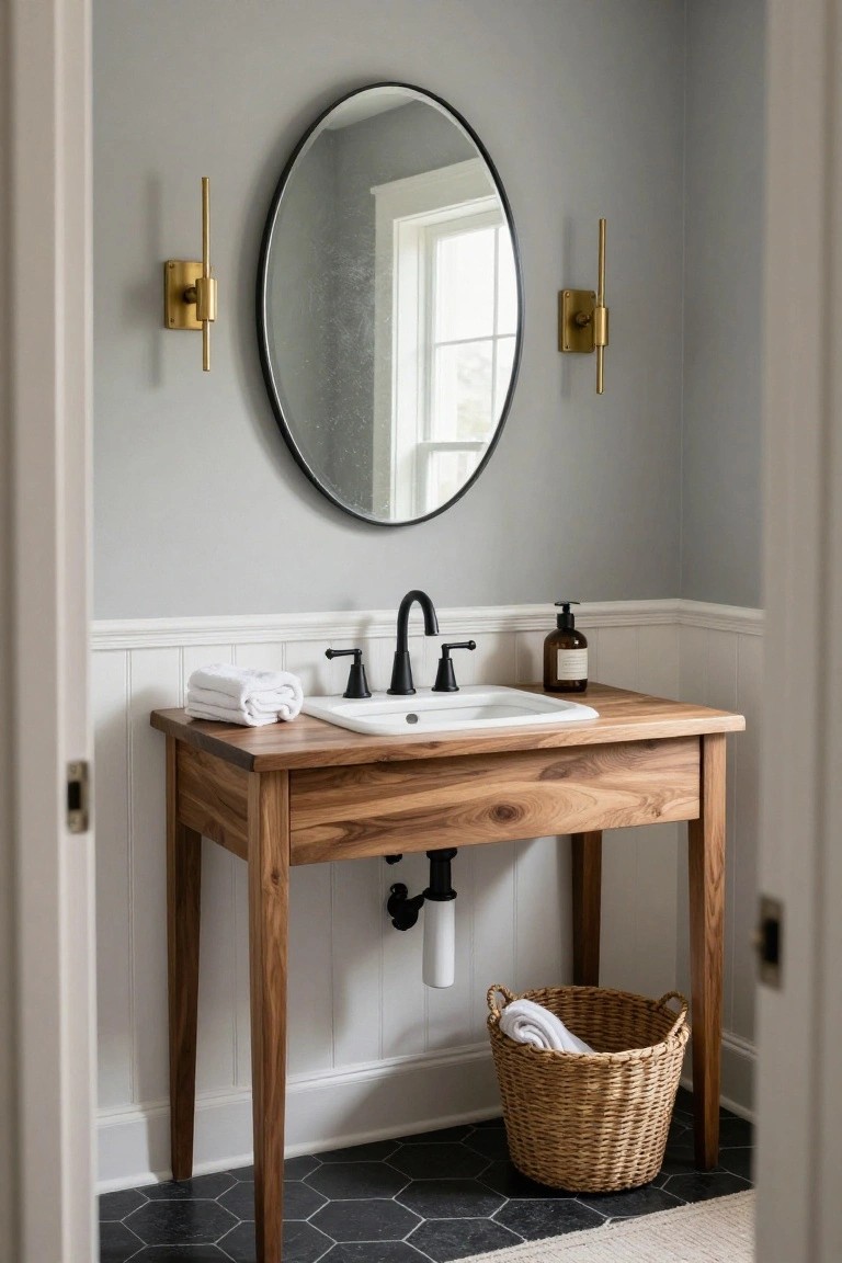 Powder room with freestanding walnut wood console vanity table supporting white sink and black gooseneck faucet, round black-framed mirror with gold sconces, gray walls with white wainscoting, black hexagonal floor tiles, stacked white towels, soap dispenser, and wicker basket with towel.