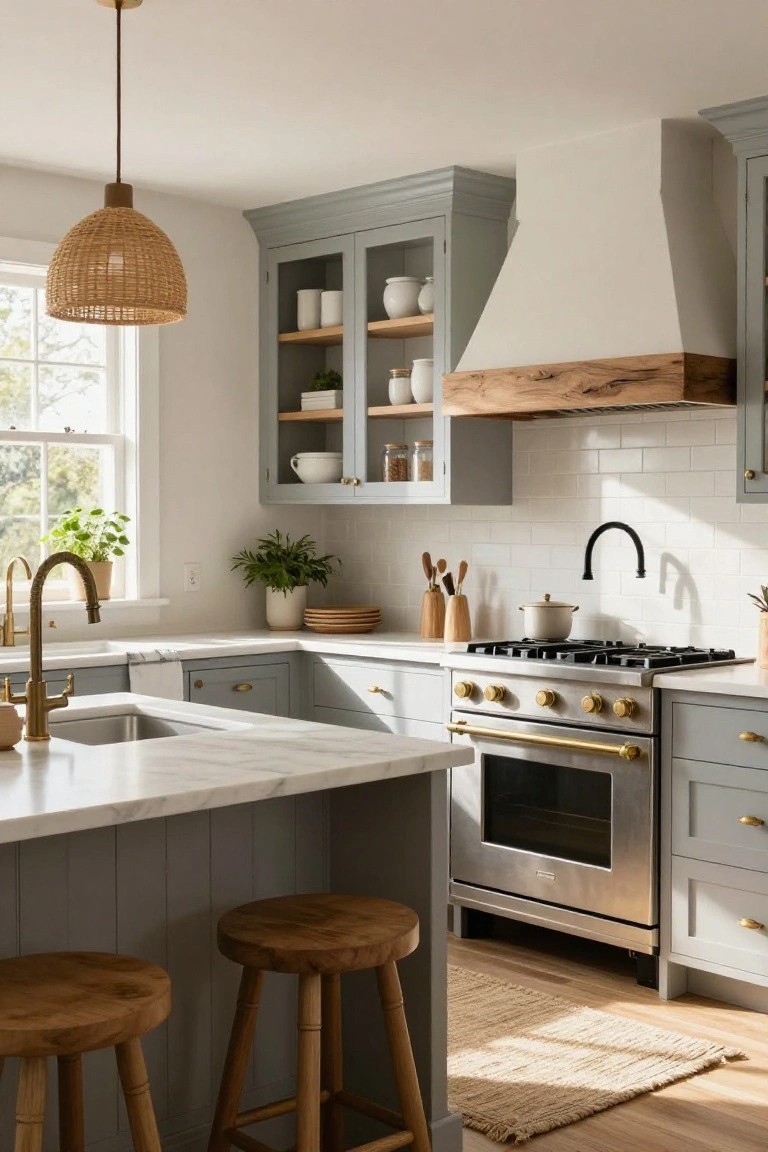 A bright kitchen with soft gray shaker cabinets, white subway tile backsplash, white marble island, gold-brass hardware and faucet, stainless steel range under a reclaimed wood hood, wood bar stools, and plants on counters and windowsill.