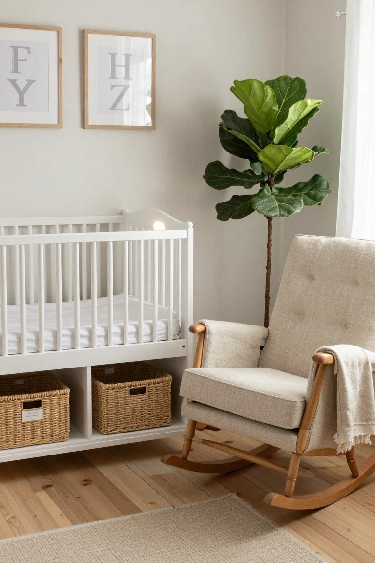 White wooden crib with two wicker storage baskets underneath, positioned next to a beige upholstered rocking chair and a tall fiddle leaf fig plant in a light gray nursery room with oak frames on the wall and light wood floors.