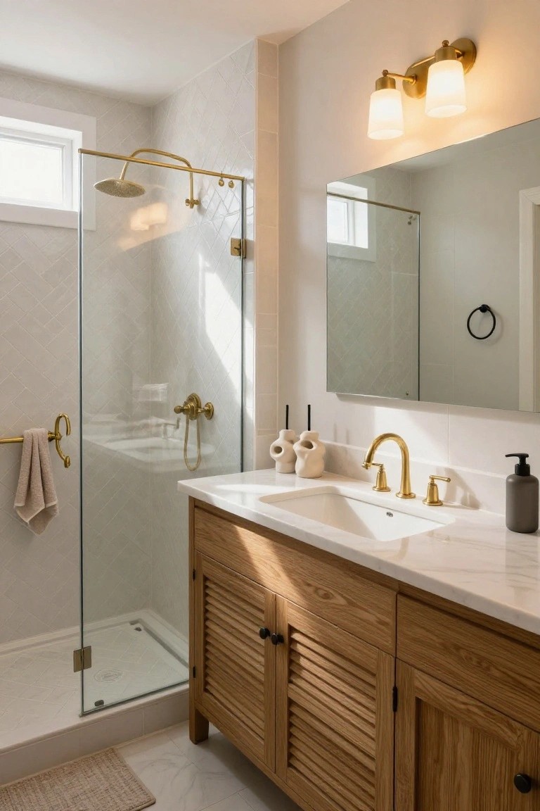 A bright bathroom with white subway tile walls, frameless glass shower enclosure with gold fixtures, oak slatted-door vanity under white marble countertop, and brass wall sconces.