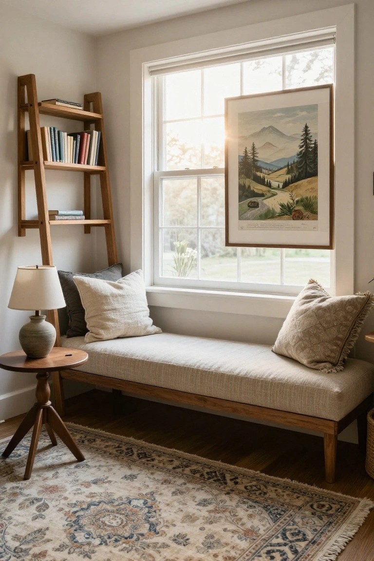 Indoor window nook with a wooden ladder bookshelf leaning against the wall beside a cushioned bench seat, pillows on the bench, a table lamp on a side table, and a framed mountain landscape painting on the wall next to a large window.