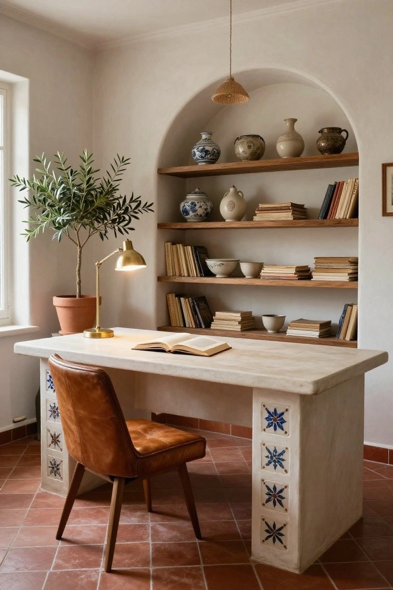 Home office featuring a large white stone desk with tan leather chair, gold desk lamp, potted olive tree, and arched wooden shelving niche displaying blue-and-white ceramics, bowls, and books against white walls on terracotta tile floor.