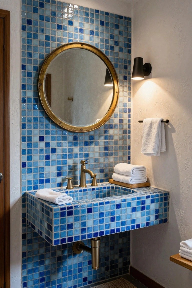 Corner of a bathroom with blue glass mosaic tiled walls and integrated sink, brass faucet and handles, round brass porthole mirror, black wall light, towel bar with white towels, and wooden shelf with folded towels.