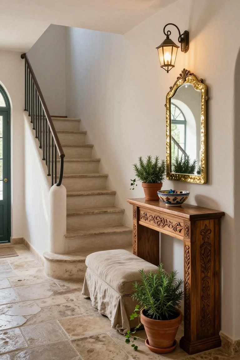 Staircase with stone steps, wooden console, mirror, plants, and ottoman.