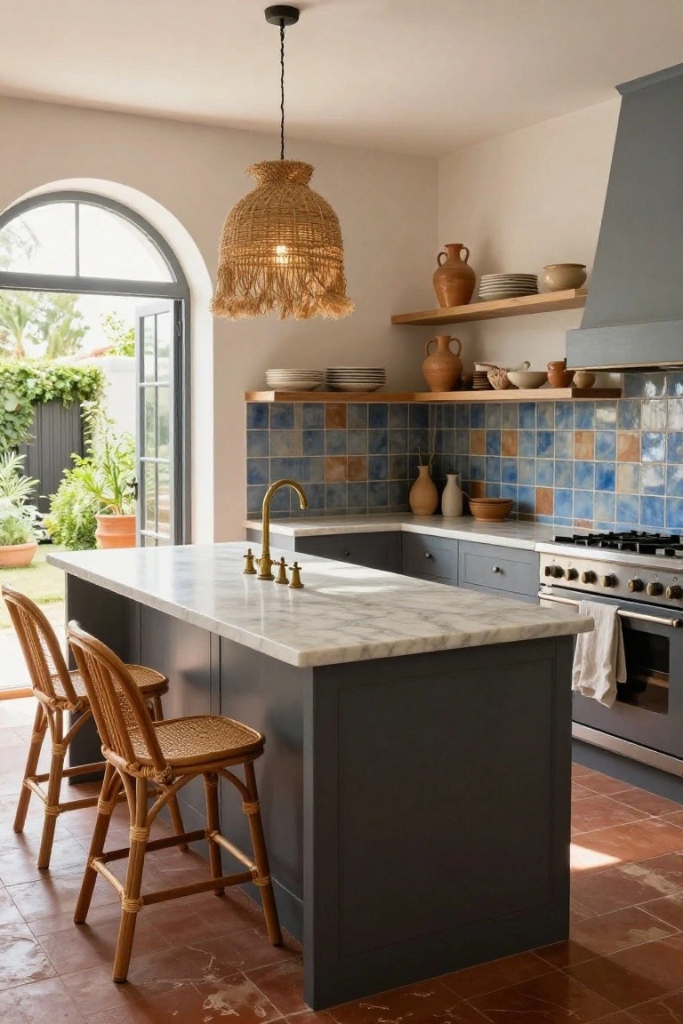 Kitchen with dark gray cabinets, white marble island, two rattan bar stools, blue and orange ceramic tile backsplash, brass faucet, and arched doors to garden.