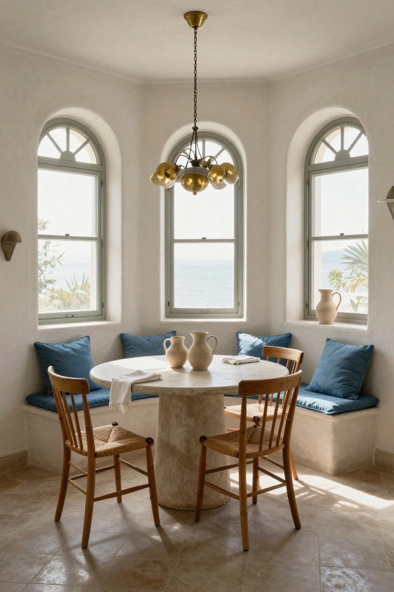 Sunlit interior corner with built-in blue cushioned banquette seating along white walls and arched green-framed windows overlooking the sea, round white stone pedestal table, rattan chairs, white linen napkins, and terracotta pitchers.