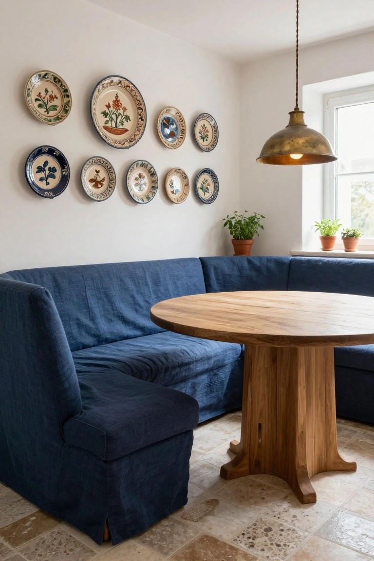 Cozy dining nook with blue corner sofa and round wooden table.