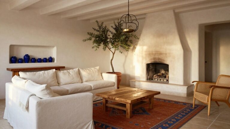 18 Beautiful Mediterranean Interior Design Furniture Ideas That Define the Style Living room with white stucco fireplace, low beige linen sofa, large rectangular reclaimed wood coffee table, olive tree in terracotta pot, blue vases, rattan chair, and exposed wooden ceiling beams.