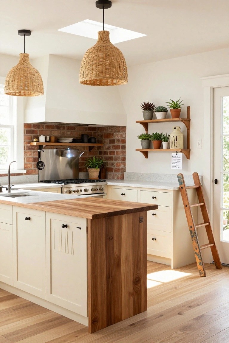 A farmhouse kitchen with cream cabinets, a prominent walnut wood island peninsula, white quartz counters, exposed brick backsplash, rattan pendant lights, potted plants on shelves, and a wooden ladder leaning against the wall.