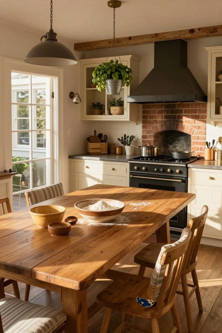 Farmhouse kitchen with exposed red brick arch chimney behind black range stove, wooden dining table covered in flour bowls and wooden utensils, white cabinets, potted plants, and chairs with striped cushions.