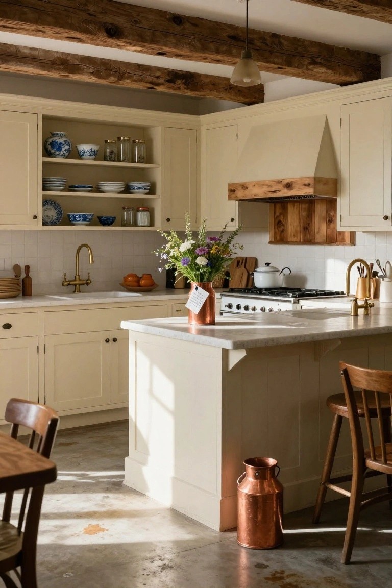 Farmhouse kitchen with dark exposed wooden ceiling beams, cream cabinets, white subway tile backsplash, brass faucet, central white island, wooden stools, blue and white china on open shelves, and copper milk can on floor.