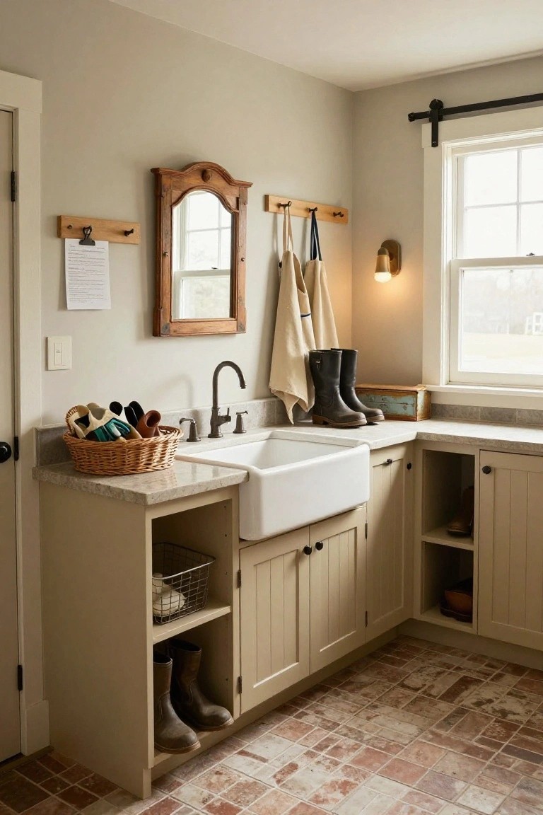 Beige laundry room with white farmhouse sink, open cream cabinets storing boots and baskets of gloves, wall hooks holding aprons, and brick floor.