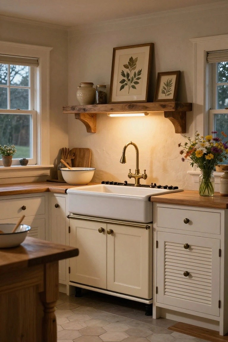 Cozy cream kitchen with farmhouse sink, brass faucet, and wooden accents.