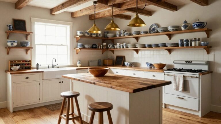 White farmhouse kitchen interior with exposed wooden beam ceiling, two brass pendant lights, central island topped with butcher block wood and a wooden bowl, white paneled cabinets, blue and white porcelain on open shelves, and a gas range.