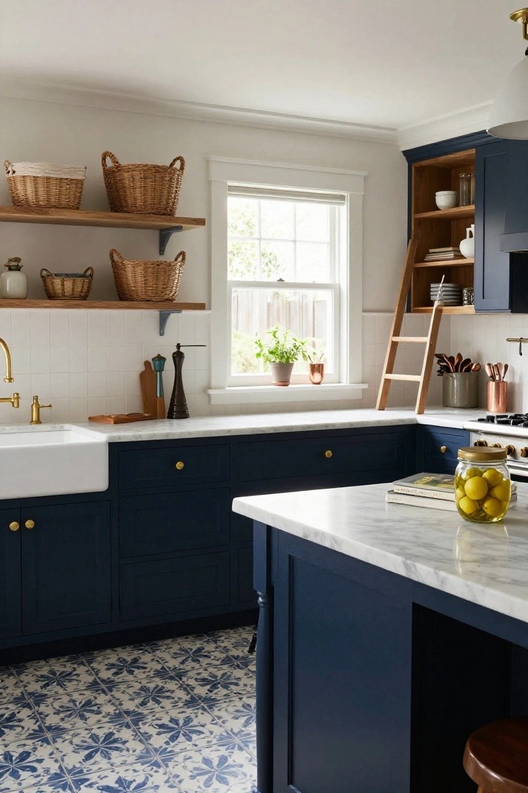Farmhouse-style kitchen with navy blue lower cabinets, white subway tile backsplash, white farmhouse sink, marble countertops, wood open shelves with wicker baskets, brass hardware, and blue-and-white star-patterned floor tiles.