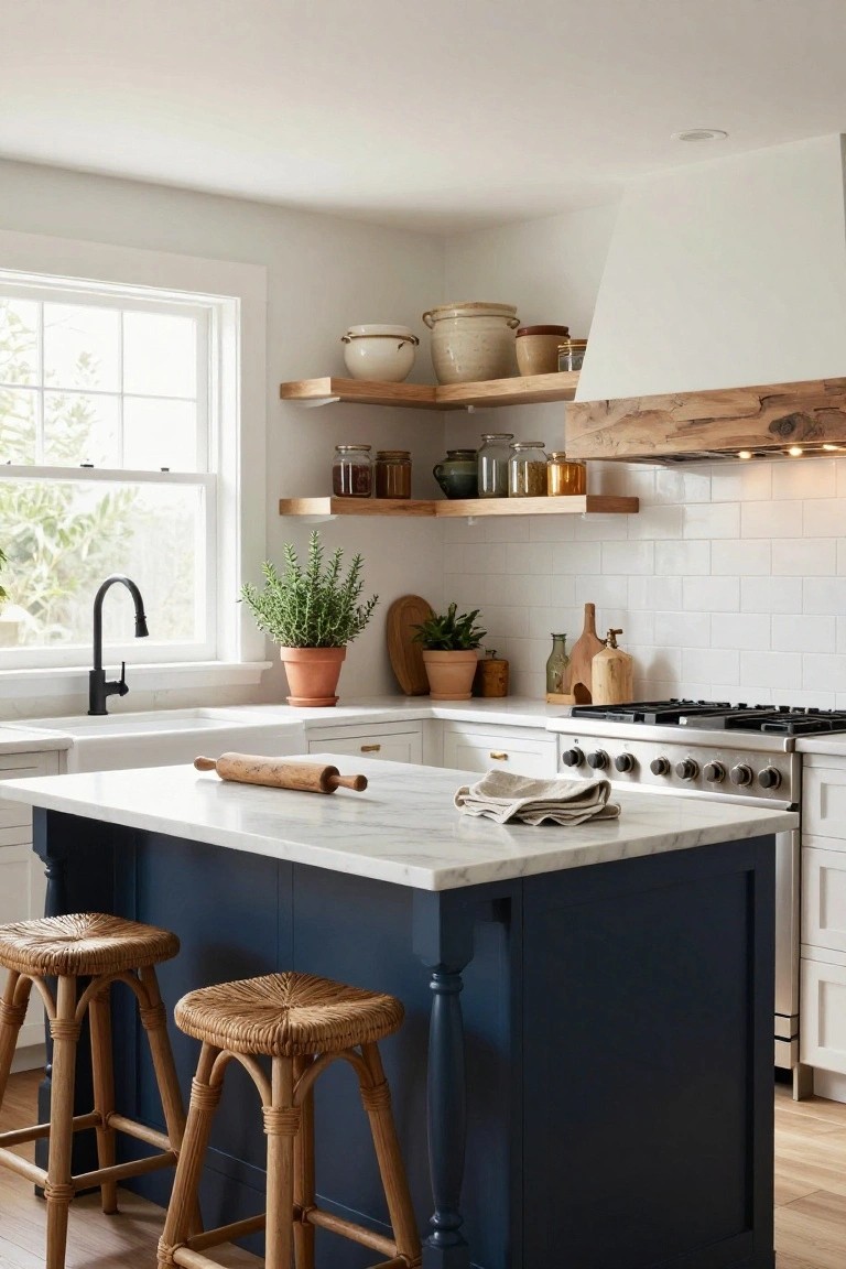 A cozy kitchen with white shaker cabinets, a navy blue island topped in white marble and paired with rattan stools, open wood shelves holding pottery and jars, a farmhouse sink, and a stainless steel range under a wooden hood.