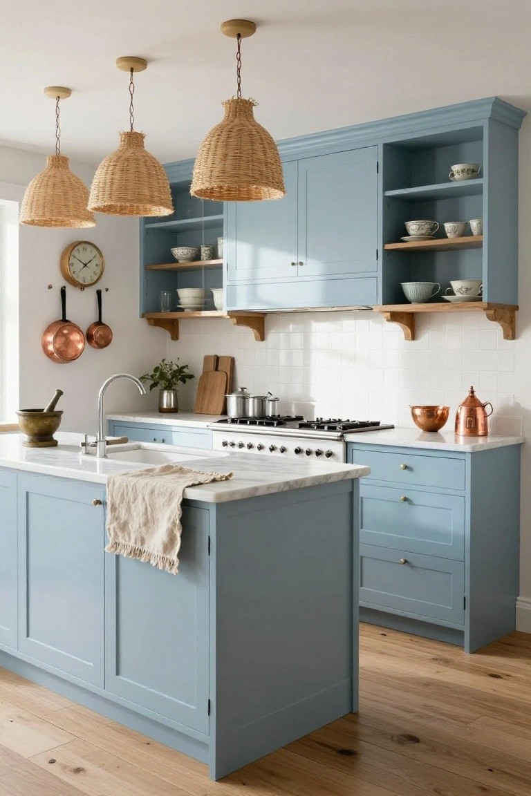 A farm kitchen with light blue shaker-style cabinets, white marble island, three rattan pendant lights over the range, copper pots on the wall, and hardwood floors.