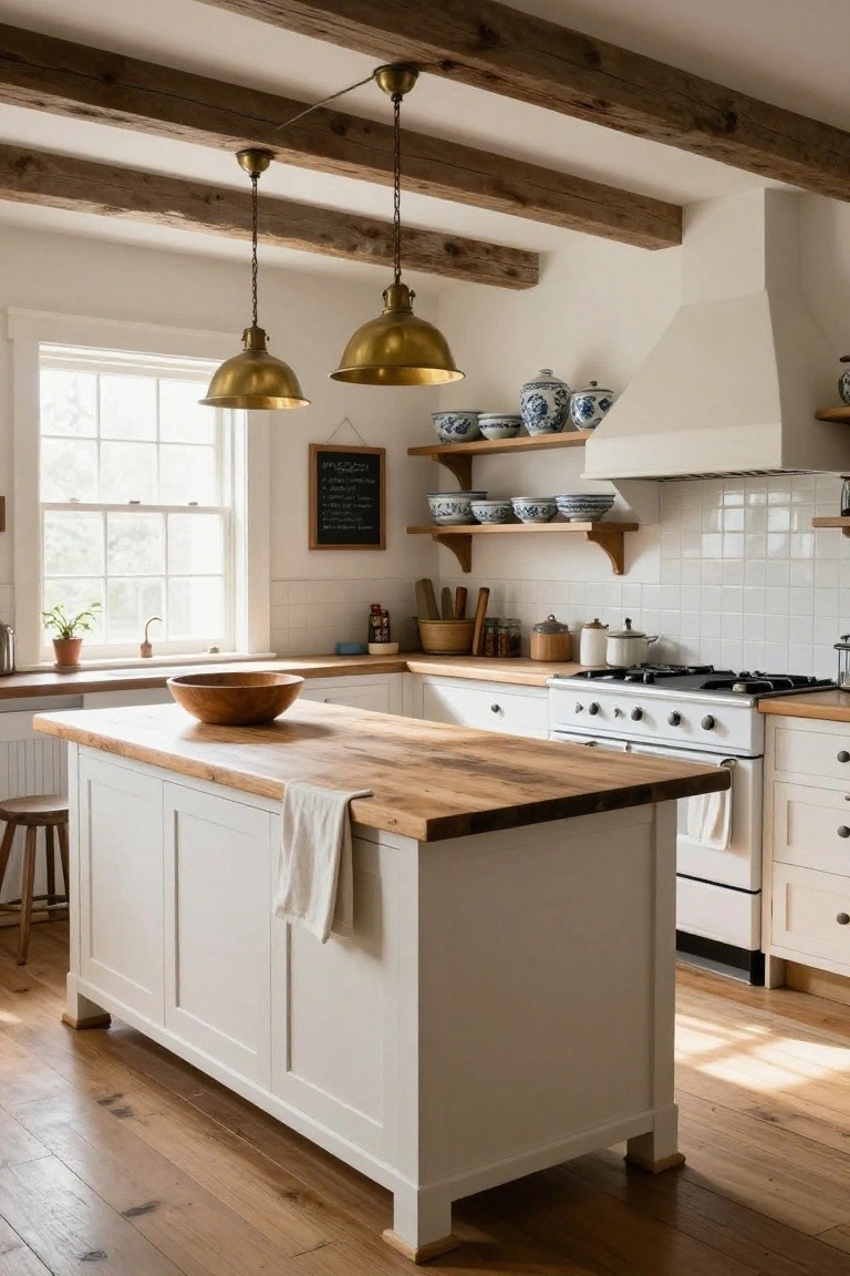 White farmhouse kitchen interior with exposed wooden beam ceiling, two brass pendant lights, central island topped with butcher block wood and a wooden bowl, white paneled cabinets, blue and white porcelain on open shelves, and a gas range.