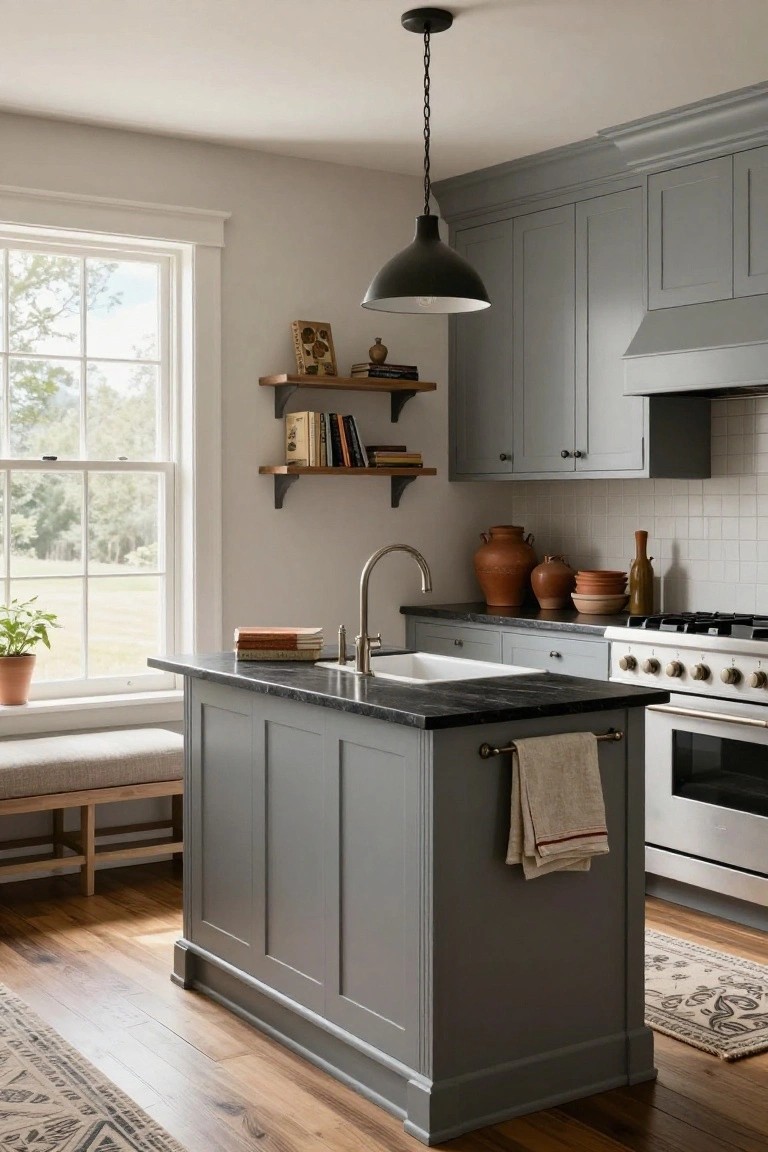 Gray Shaker-style kitchen with black soapstone island and counters, white farmhouse sink, built-in cushioned bench under large window overlooking fields, wood shelves with books, and terracotta pots on counters.