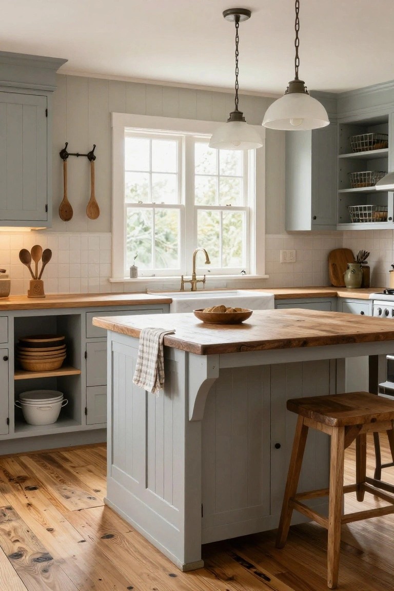 Light gray painted cabinets surround a large wooden center island with a bowl of bread, draped towel, and wooden stool in a kitchen with white subway tile backsplash, brass faucet, farmhouse sink, and hardwood floors.