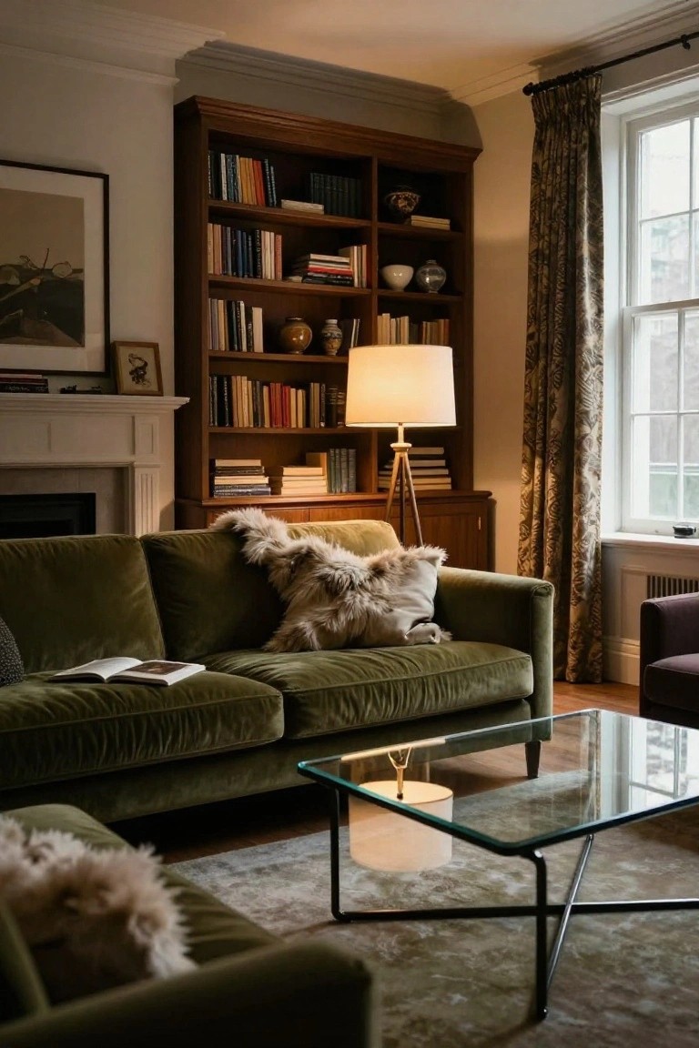 A warmly lit living room with green velvet sofas topped with sheepskin throws, wooden bookshelves filled with books, a glass coffee table, tripod lamp, and curtains at large windows.