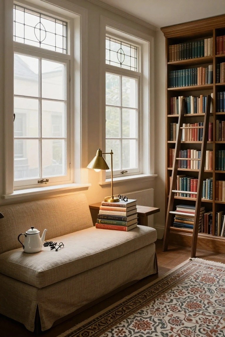 Sunlit interior corner of a library room with tall wooden bookshelves and sliding ladder, a beige daybed against large multipane windows, brass desk lamp, stack of books on a side table, white teapot and glasses on the daybed, and a patterned rug on wood floors.