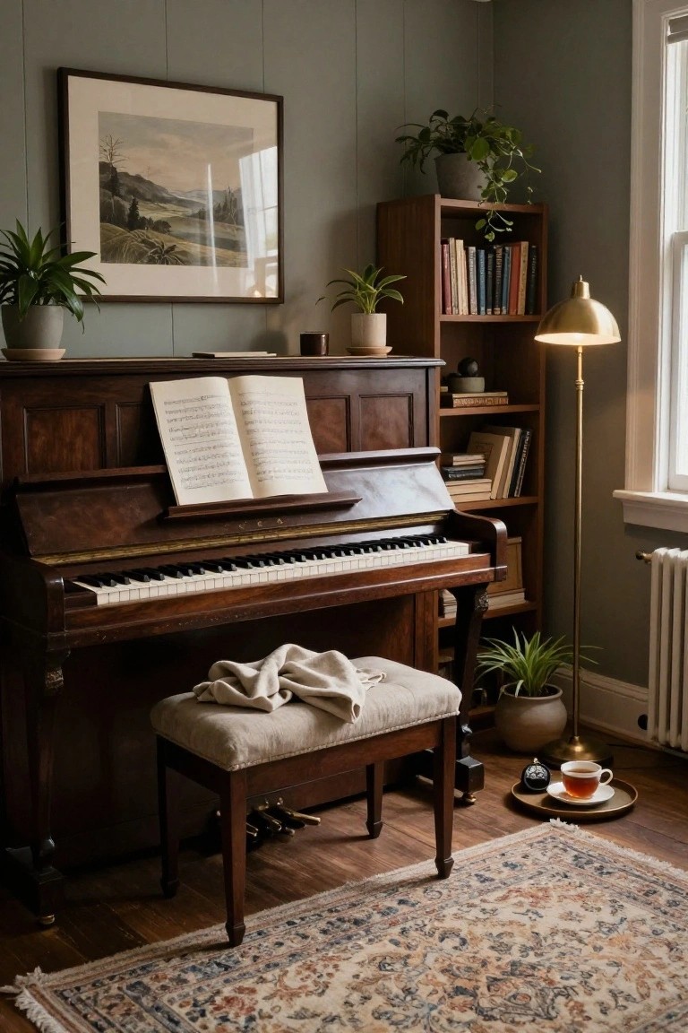Sage green interior corner with wooden upright piano, open sheet music, draped stool, adjacent bookshelf with books, potted plants, brass floor lamp, teacup on floor, and patterned rug.