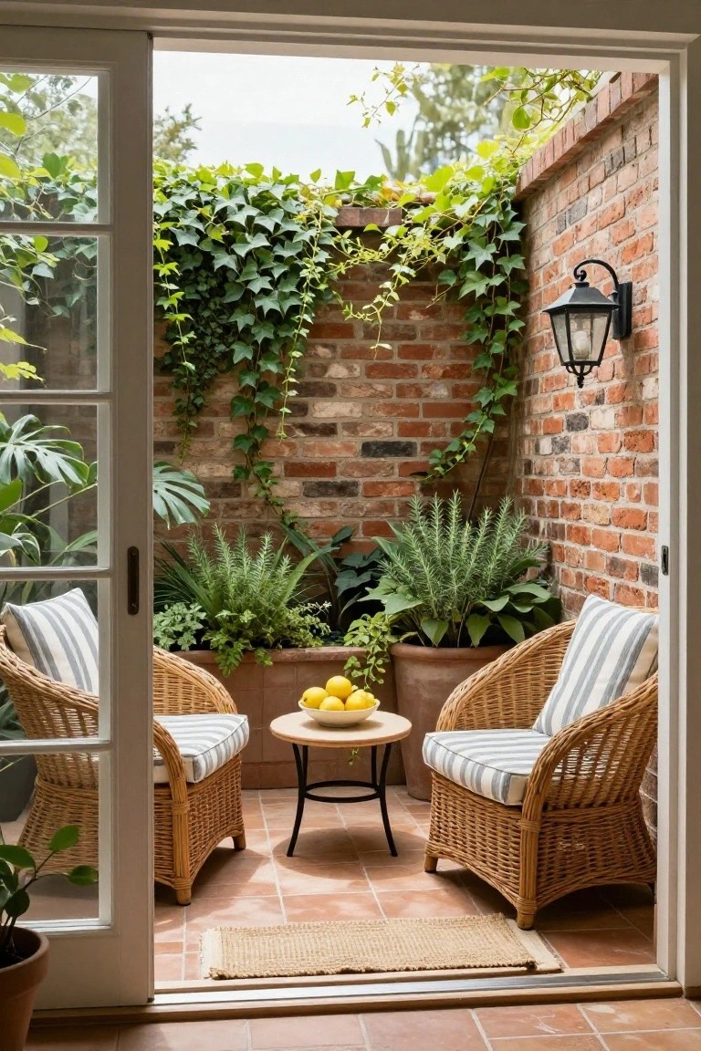 Open sliding glass doors reveal a small brick-walled courtyard with terracotta tile floor, two wicker armchairs with blue-and-white striped cushions around a small round table topped with lemons in a bowl, ivy climbing the walls, and various potted plants nearby.