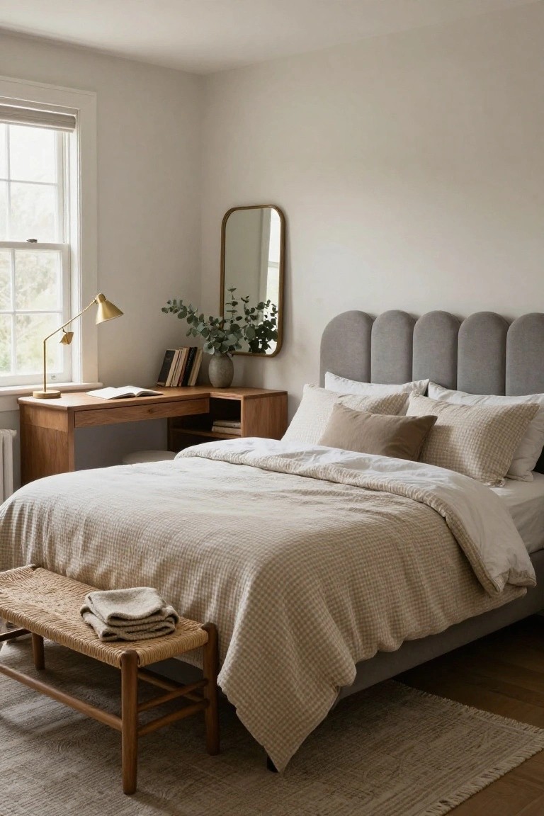 Bedroom corner with king bed featuring curved gray tufted headboard, wooden desk with gold lamp and books, rattan bench with folded towels at bed foot, neutral bedding, and window with roller shade.