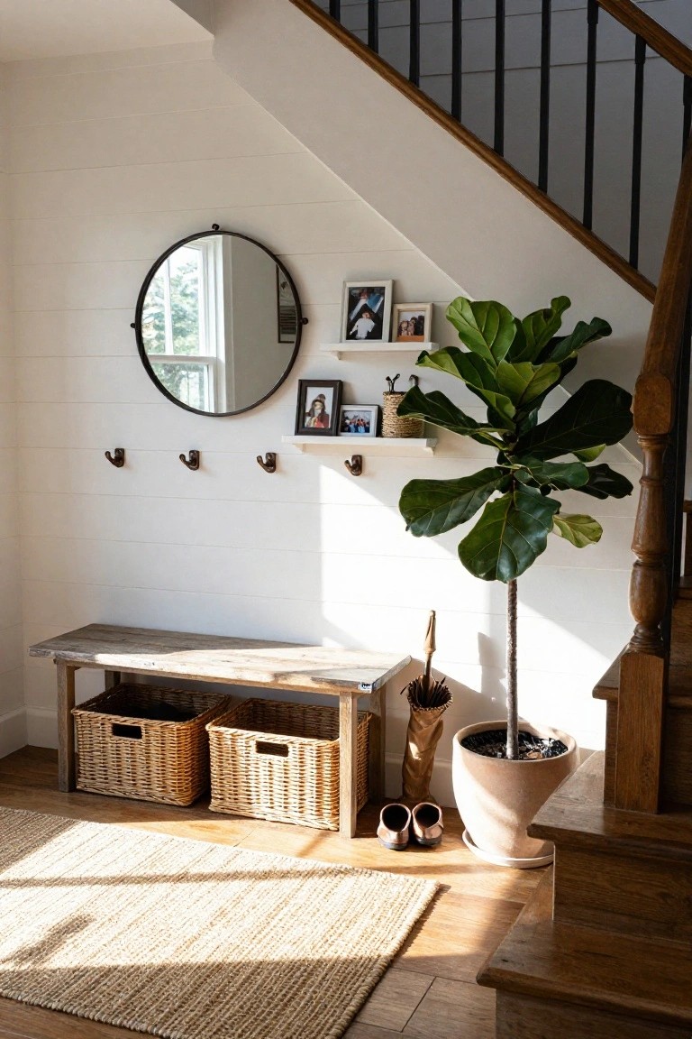 Bright indoor entryway with white shiplap walls, wooden bench holding two wicker baskets, three wall hooks, round black mirror, shelves with photos and plants, large potted fiddle leaf fig, umbrella stand, pair of shoes, seagrass rug, and wooden stairs with black railing.