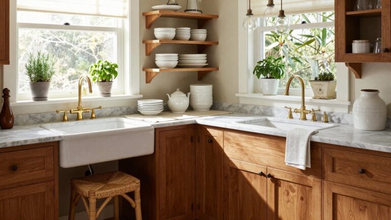 Kitchen with sage green painted cabinets and open wooden shelves holding white ceramic bowls, plates, and potted herbs, white farmhouse sink, gold faucet, marble countertop and backsplash, brass scale, and rattan stools on wood floor.