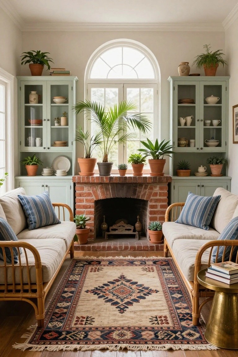 Interior sunroom with a central brick fireplace flanked by matching mint green cabinets displaying plants, pottery, and dishware, rattan armchairs and sofa on a patterned rug in front, large arched window and more plants throughout.