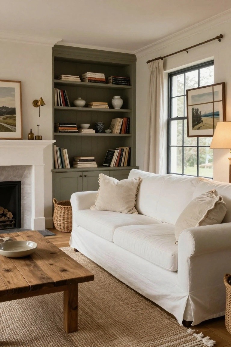 A cozy living room corner with sage green painted built-in bookshelves and cabinets flanking a white fireplace mantel, white slipcovered sofa nearby, wooden coffee table, woven basket, and large black-framed window with cream curtains.