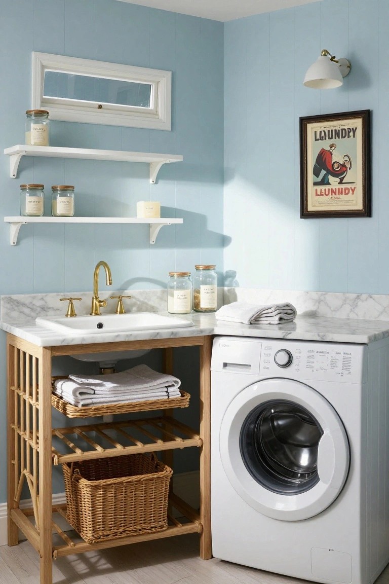 Light blue paneled laundry room corner with white porcelain sink on oak wood stand next to white front-loading washing machine, rattan baskets in lower shelf, glass jars and candles on upper white shelves, and vintage laundry poster on wall.