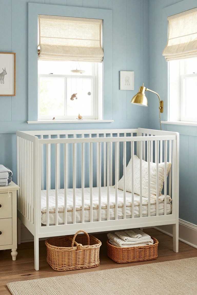 Nursery room with light blue shiplap paneled walls, white wooden crib containing a mattress and pillow, two wicker baskets with folded white towels underneath the crib, small white dresser nearby, windows with beige roman shades, and gold wall lamp.