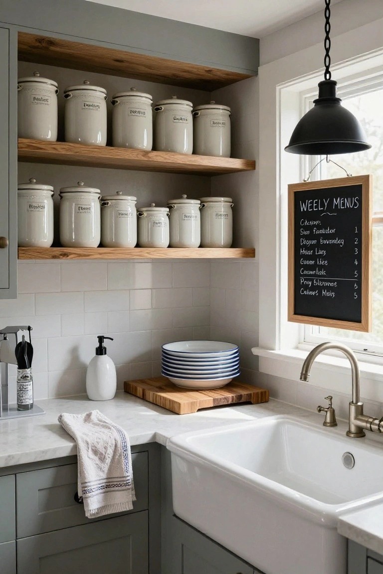 Kitchen featuring gray lower cabinets, white subway tile backsplash, marble countertop, white farmhouse sink, wooden open shelves stocked with labeled white ceramic canisters, stacked plates on a cutting board, and a chalkboard weekly menu beside a window.