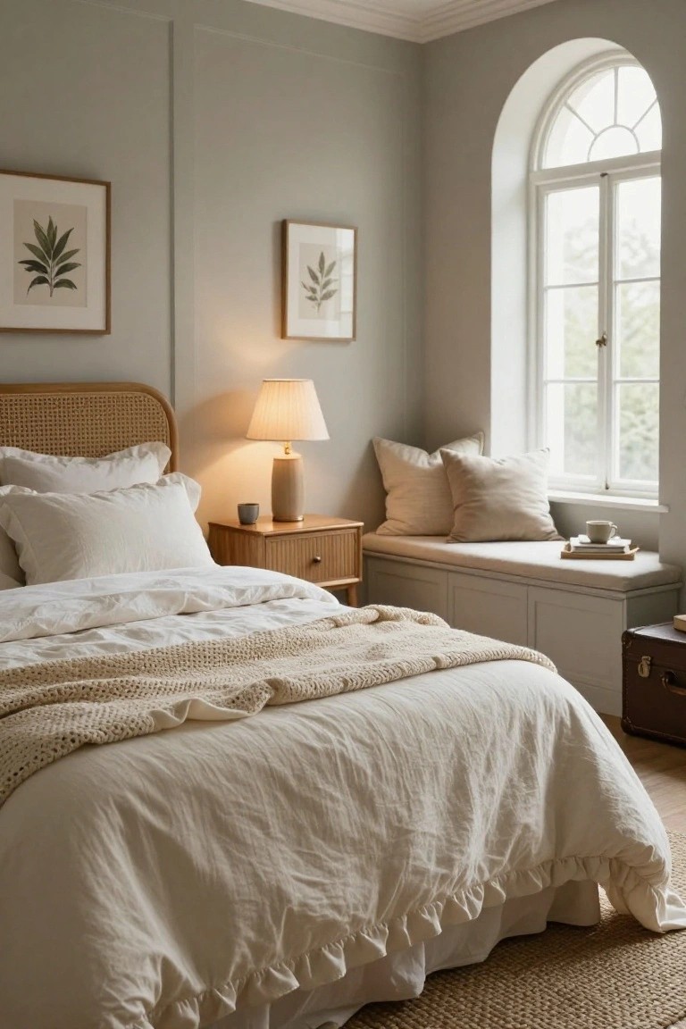 Cozy bedroom with pale sage green walls, rattan headboard bed covered in white linen sheets and pillows plus knit throw, wooden nightstand with ceramic lamp and mug, arched window with built-in white bench seat holding cushions books and tray, vintage suitcase, framed leaf prints, and seagrass rug on wood floor.