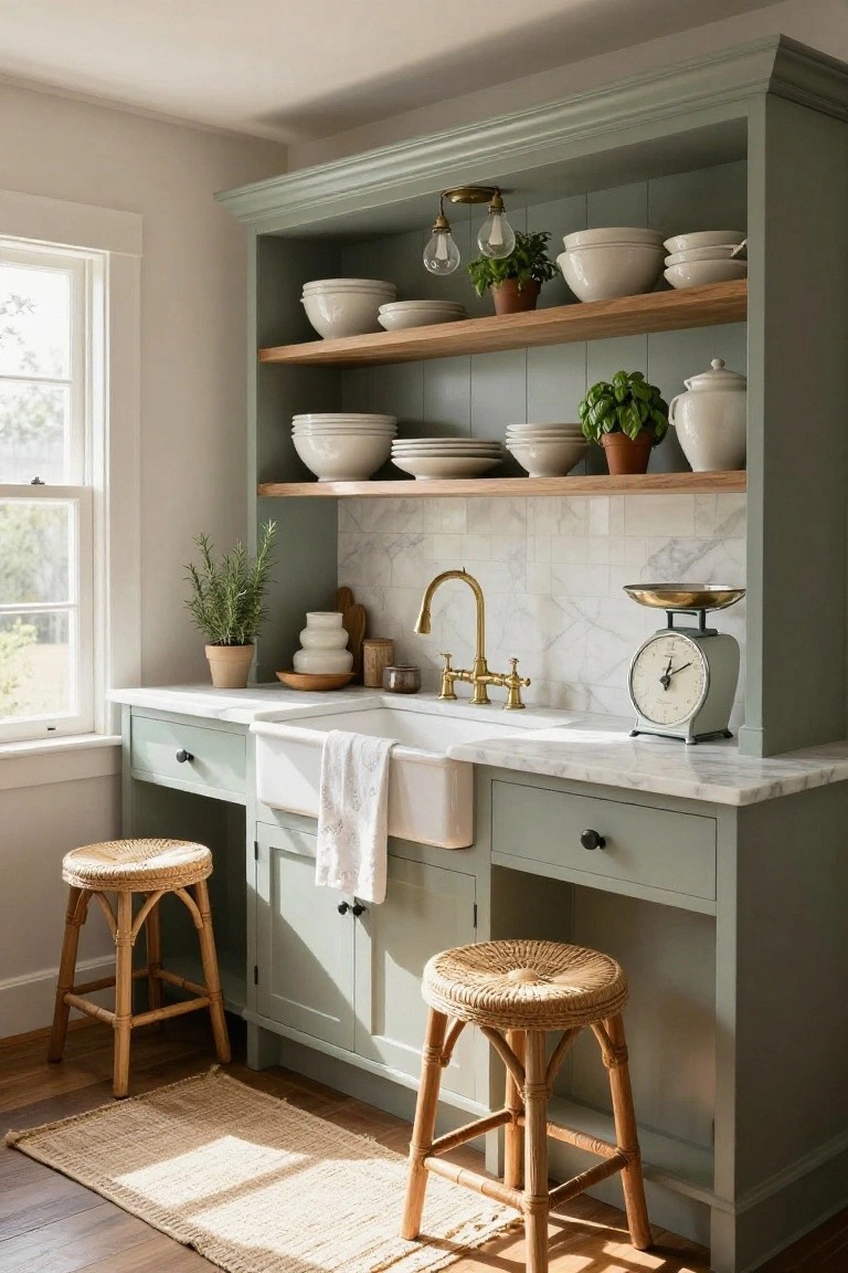 Kitchen with sage green painted cabinets and open wooden shelves holding white ceramic bowls, plates, and potted herbs, white farmhouse sink, gold faucet, marble countertop and backsplash, brass scale, and rattan stools on wood floor.