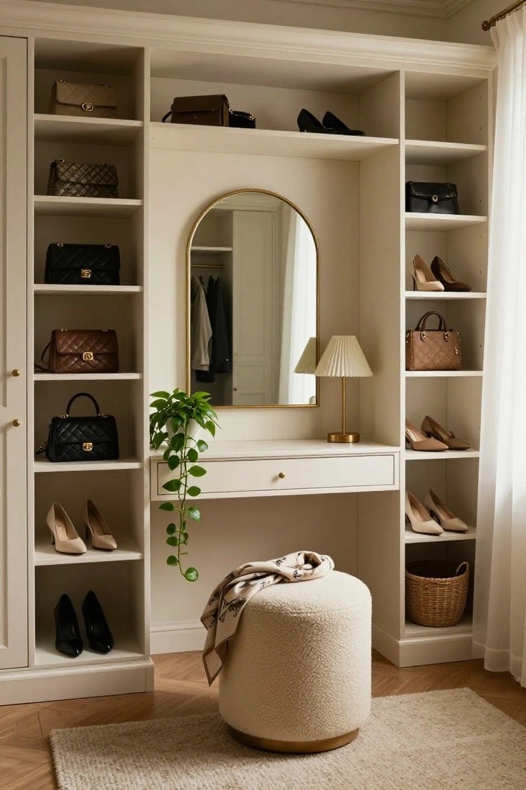 Walk-in closet featuring tall white built-in cabinets with open shelves displaying designer handbags and high-heeled shoes, a central gold-framed arched mirror over a white vanity desk with lamp and stool, trailing plant, and hanging clothes visible behind the mirror.