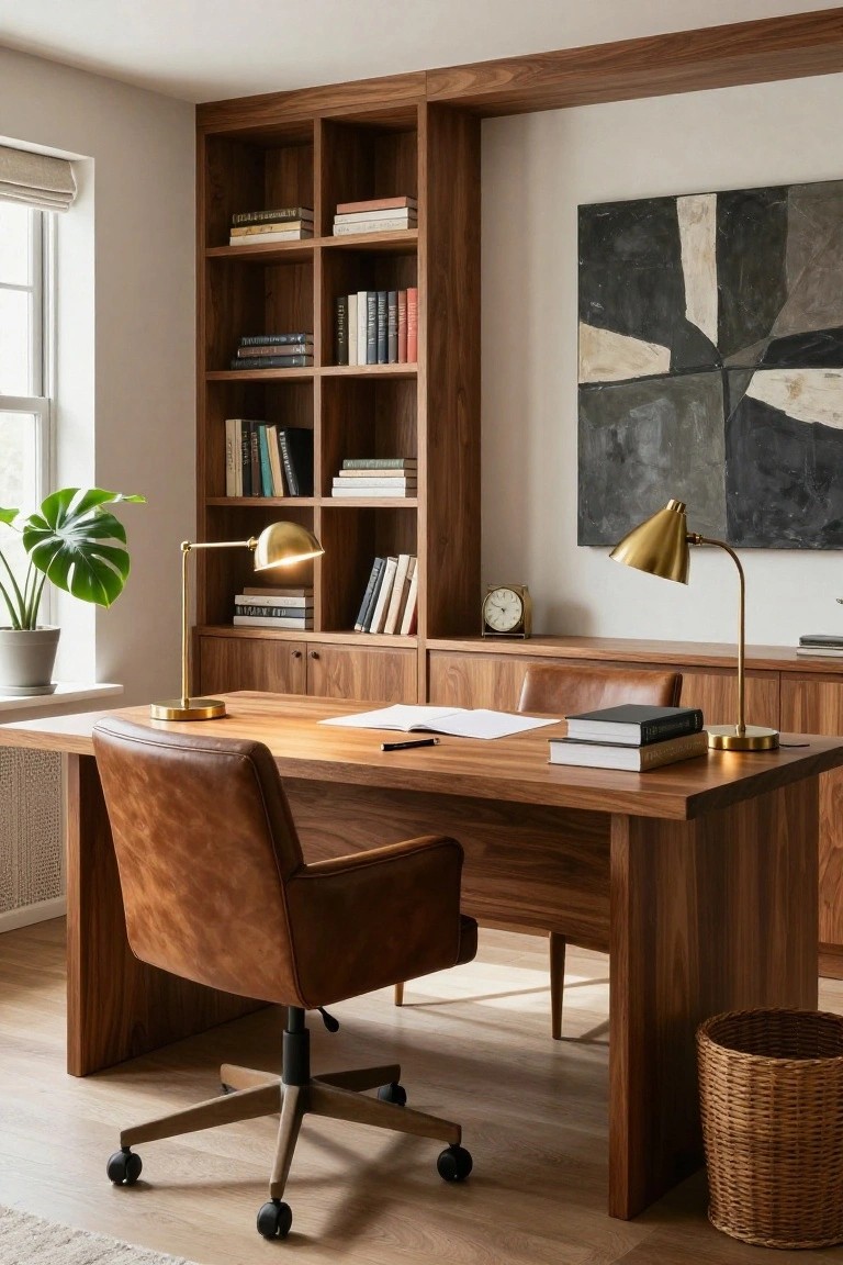 A home office featuring walnut wood built-in bookshelves and cabinets around a matching wooden desk with tan leather chair, two gold desk lamps, a monstera plant, clock, books, and woven wastebasket on light wood floors.