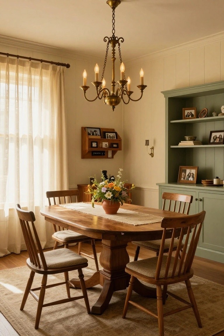 Sunlit dining room with oval wooden pedestal table, matching wooden chairs with cushions, brass chandelier overhead, sage green cabinetry, and sheer window curtains.